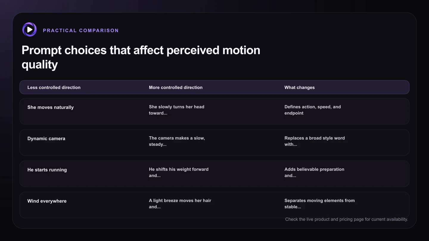 Prompt choices that affect perceived motion quality